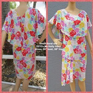 Sz Small Short floral silk 1970's Ms Holly Harp fantastic dress, 34 bust, 38 hip